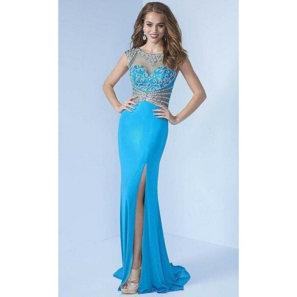 Splash Metallic Jersey Grad Prom Dress J480 Turquiose - Picture 1 of 6